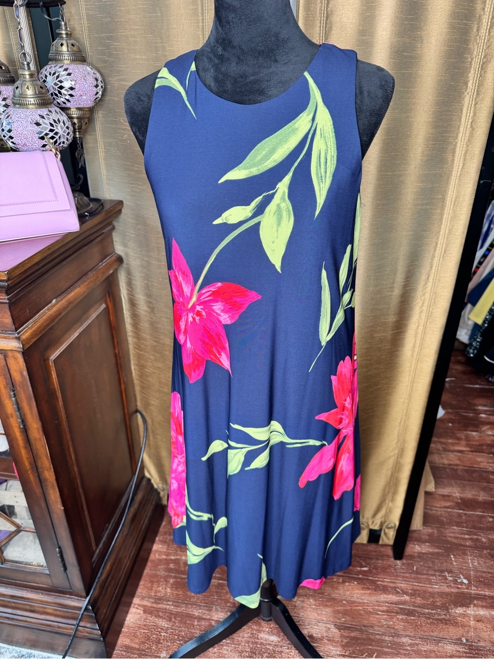 Anne Klein Navy Sleeveless Floral A-Line Dress Size 8 - Picture 10 of 10